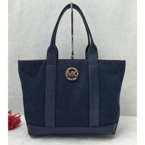 Michael Kors Navy Blue Canvas Leather Trim Double Handle Tote Shoulder Bag